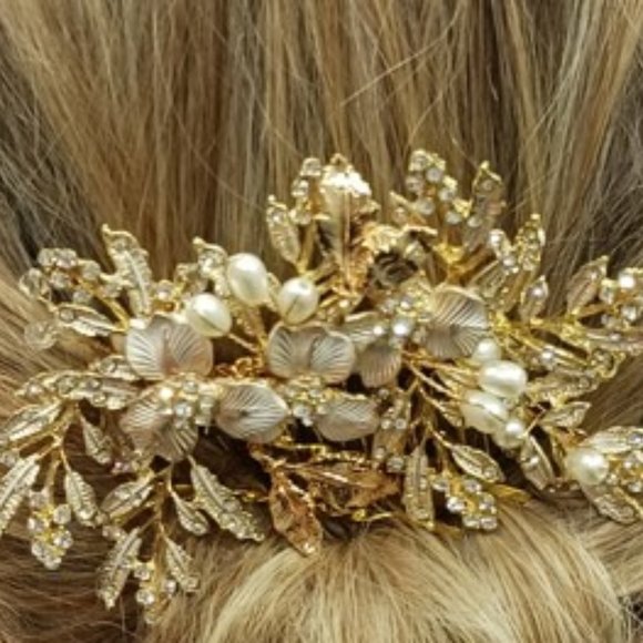 champagne pearl & rhinestone gold haircomb - Picture 2 of 4